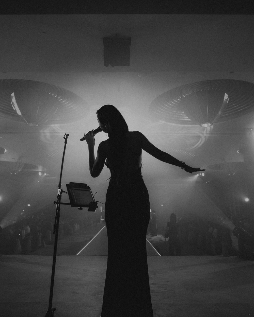 Singer performing on stage at a corporate event